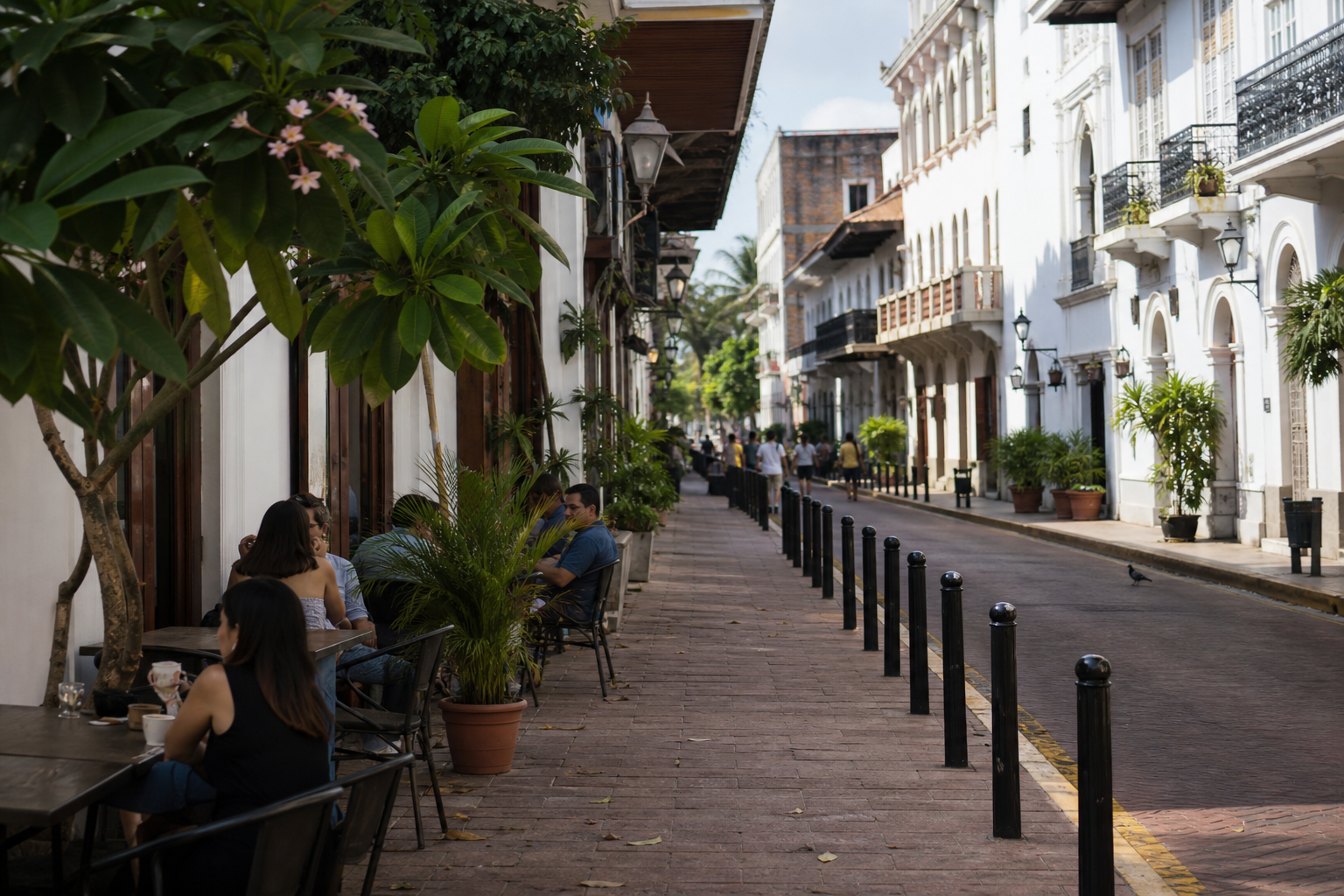 Shaded sidewalk and café tables on a quiet weekday street in Panama City's Casco Viejo.