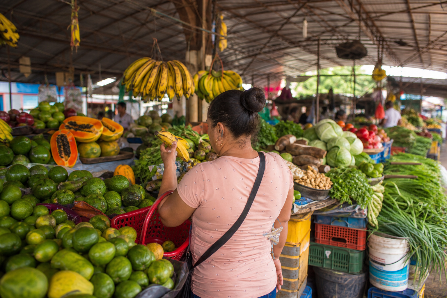 Shopper buying fresh fruit and vegetables at a covered Panama City market.