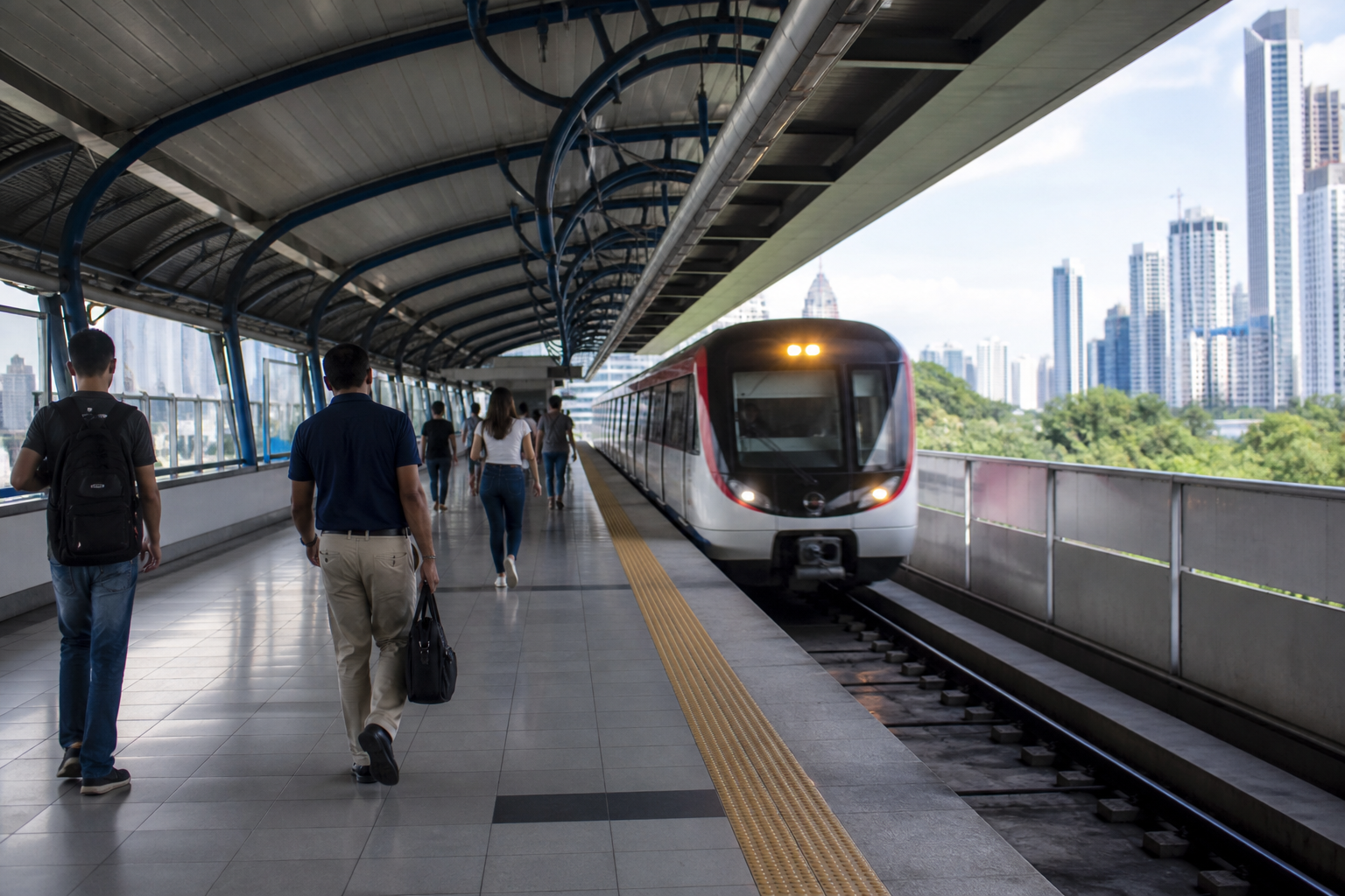 Commuters on a Panama City Metro platform during an ordinary weekday.