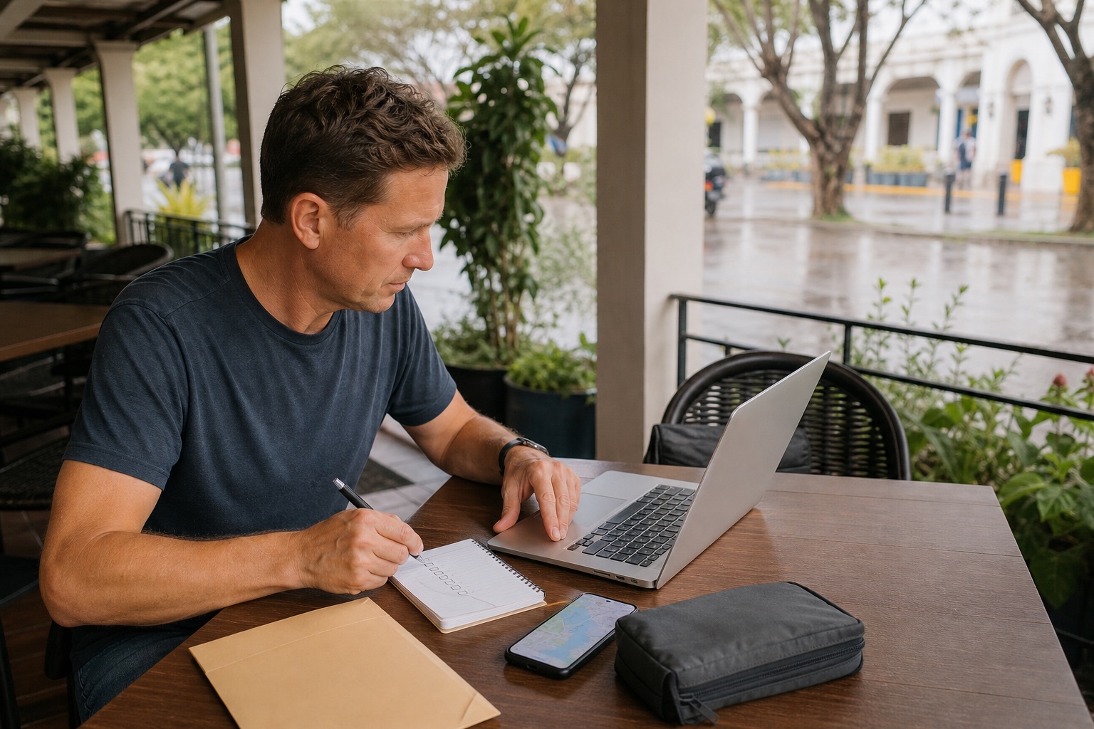 A traveler uses a laptop and document pouch to make a secure address-continuity checklist in a Philippines cafe.