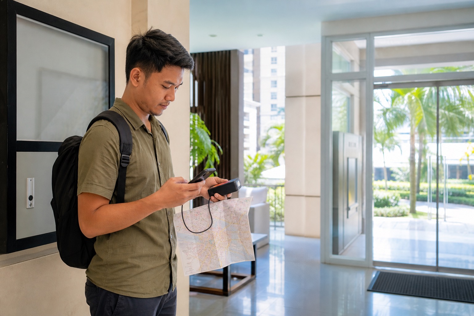 A traveler checks a phone and battery bank in a bright modern Philippines apartment lobby before heading out.