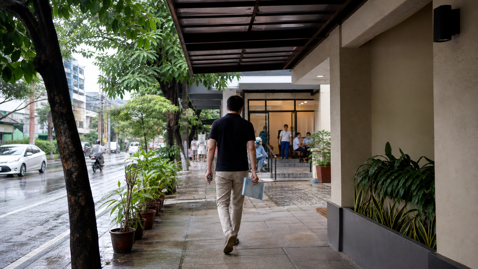 Illustrative traveler walking a covered Philippine urban sidewalk toward a generic care-route destination after rain.