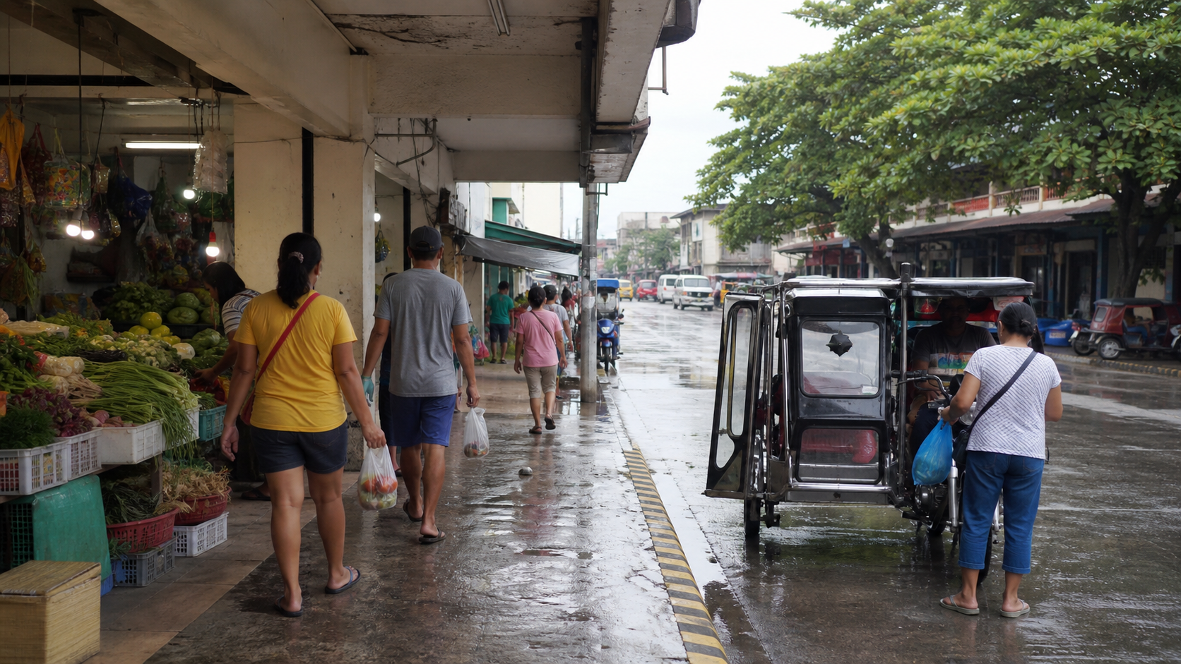 Illustrative covered Philippines city sidewalk during rain with an adult traveler carrying a small grocery bag.