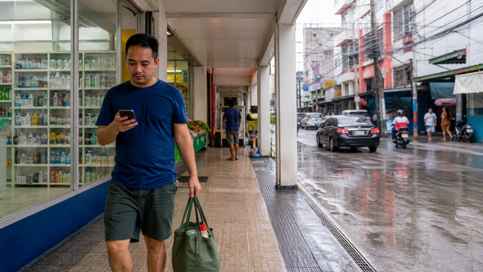 Illustrative traveler using a phone on a covered Philippines city sidewalk after rain with groceries.