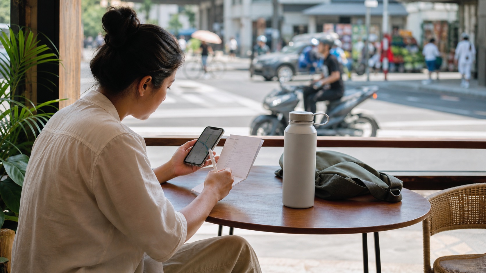 A traveler checks a phone map and checklist at a Philippine neighborhood cafe.