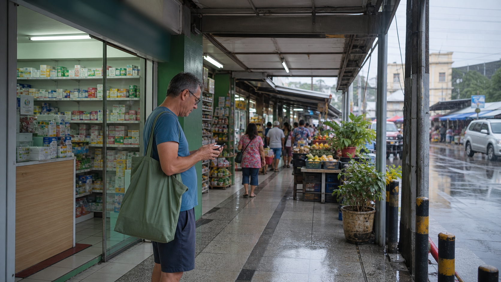 Illustrative covered tropical market and pharmacy errand route during rain.
