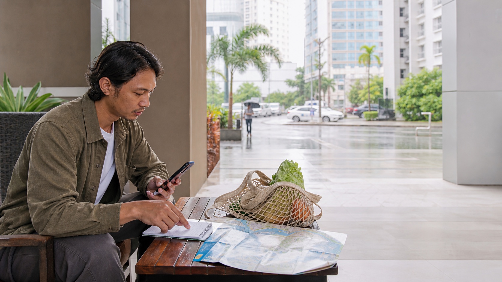A traveler reviews a map and checklist near a covered apartment entrance in a modern tropical Philippines city while rain falls outside.