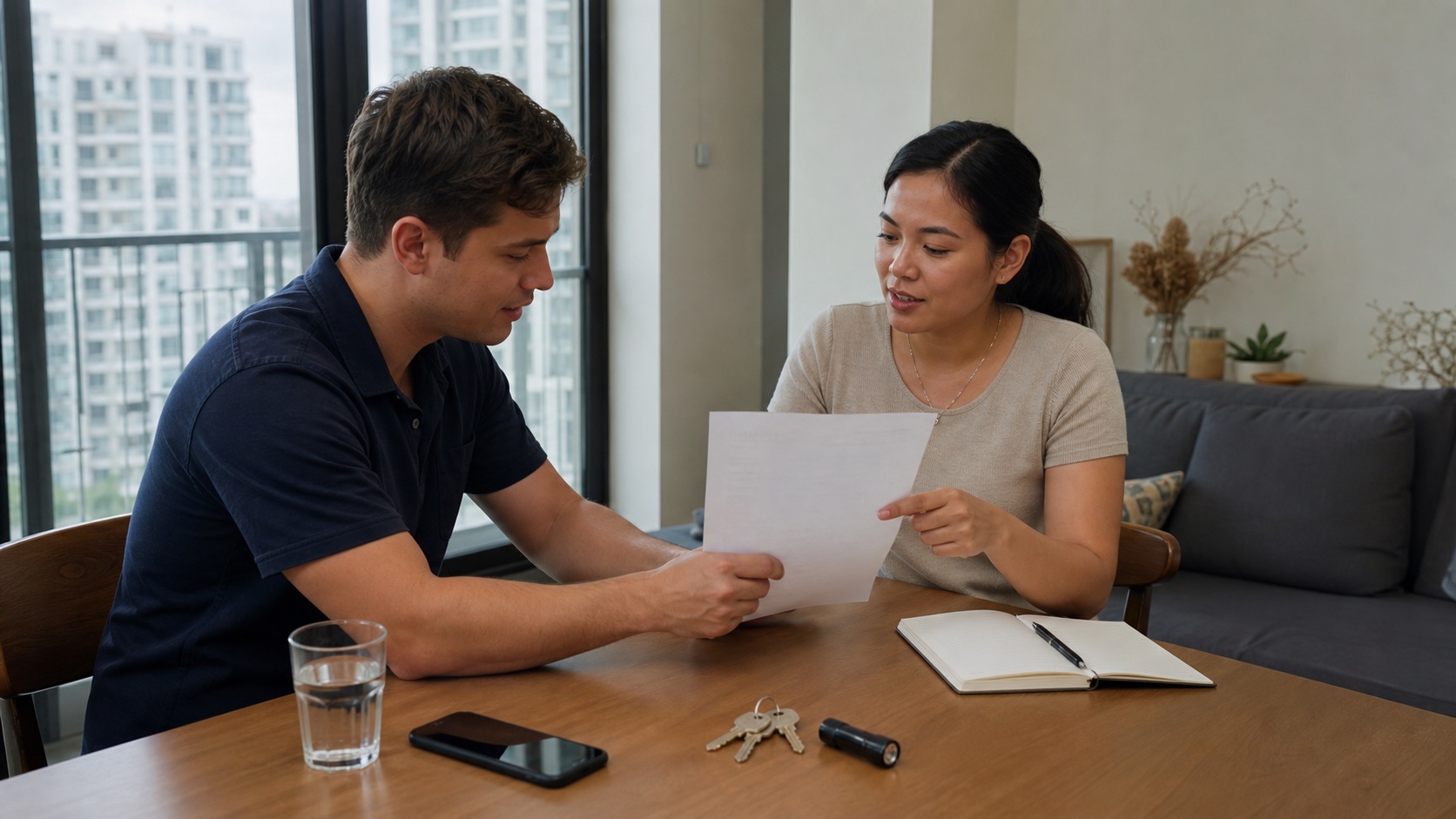 A traveler and a leasing agent review a practical apartment checklist in a bright Cebu City condo.