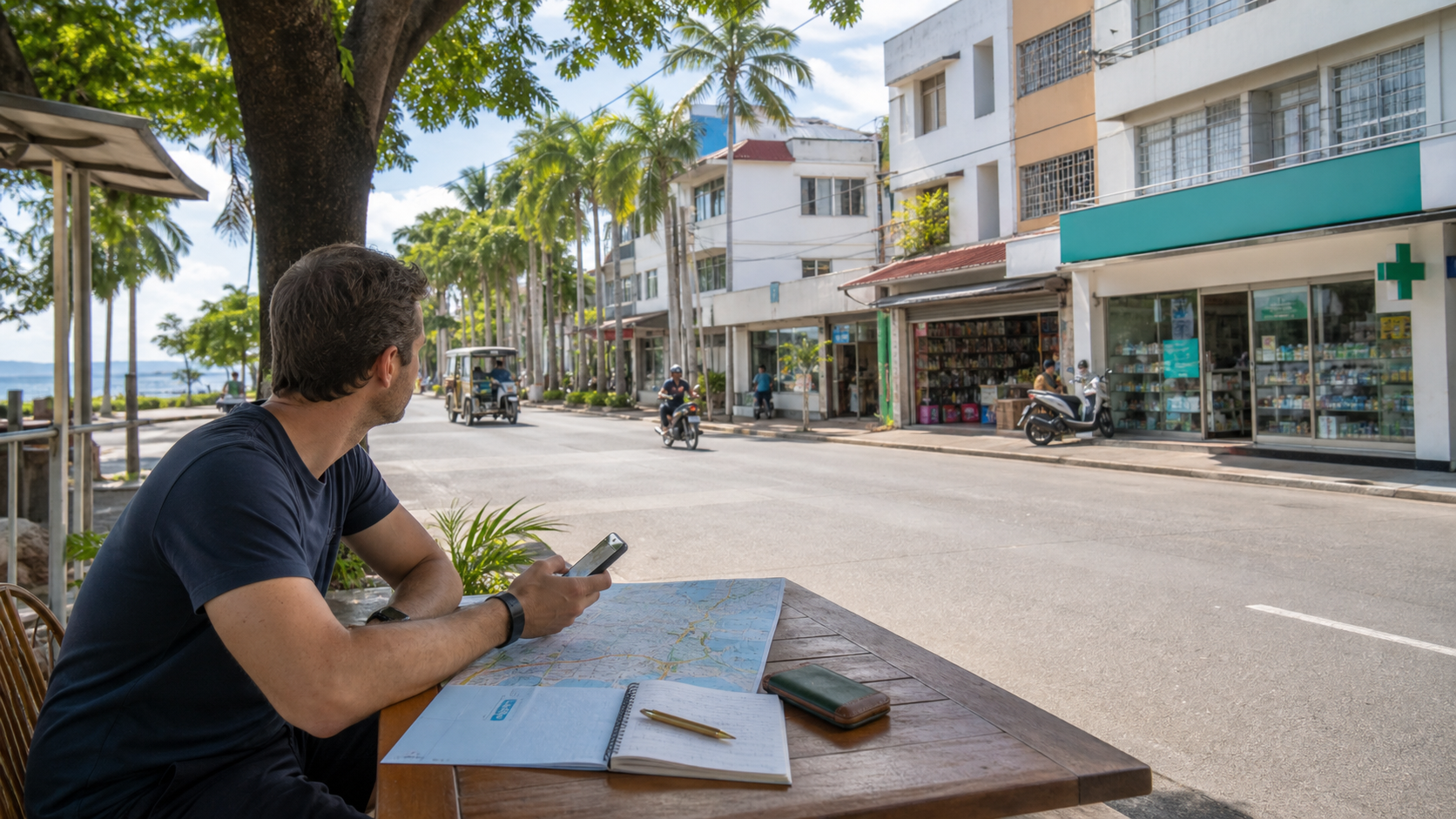 Editorial illustration of a traveler mapping everyday errands in a smaller Philippines city.