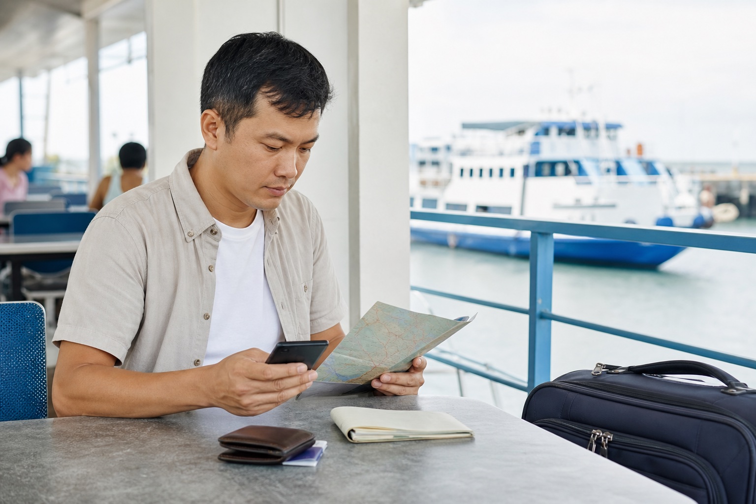 A traveler compares a route note and phone map beside a carry-on bag at a ferry terminal.