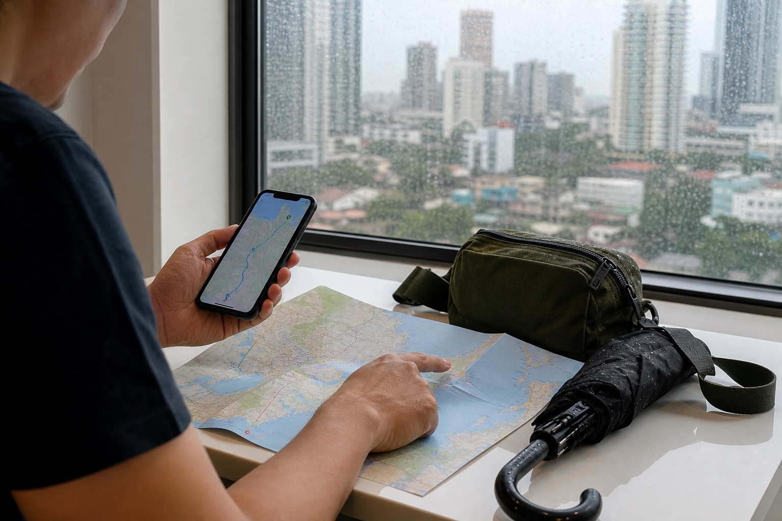 A traveler studies a map and phone route beside an umbrella at a window overlooking a rain-softened tropical city skyline.