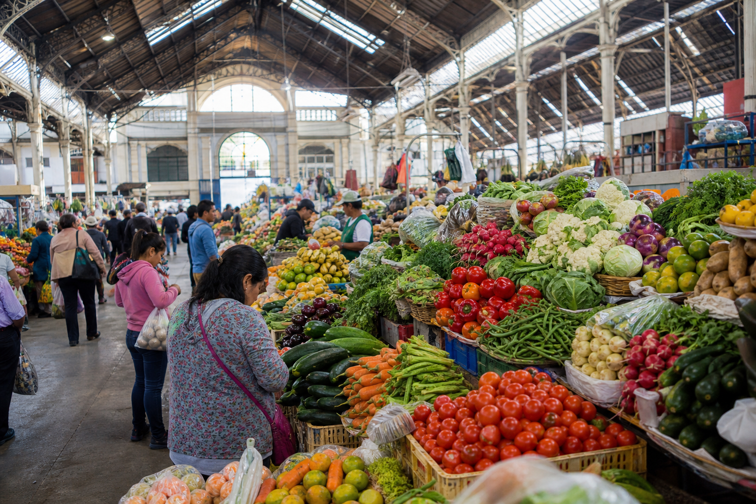 Everyday shoppers browse colorful fruit and vegetable stalls inside Arequipa's San Camilo Market.