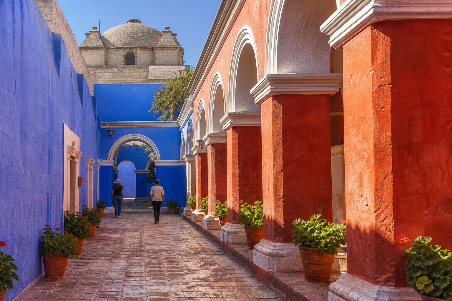 Visitors walk through the blue and red cloisters of Santa Catalina Monastery in Arequipa on a sunny day.
