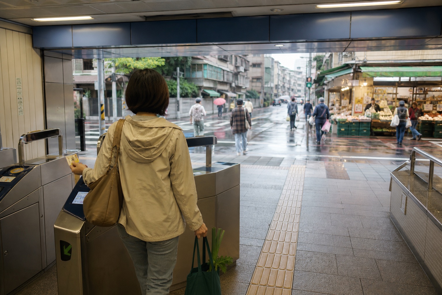 Traveler using a Taipei transit gate toward a neighborhood grocery street on a rainy day.