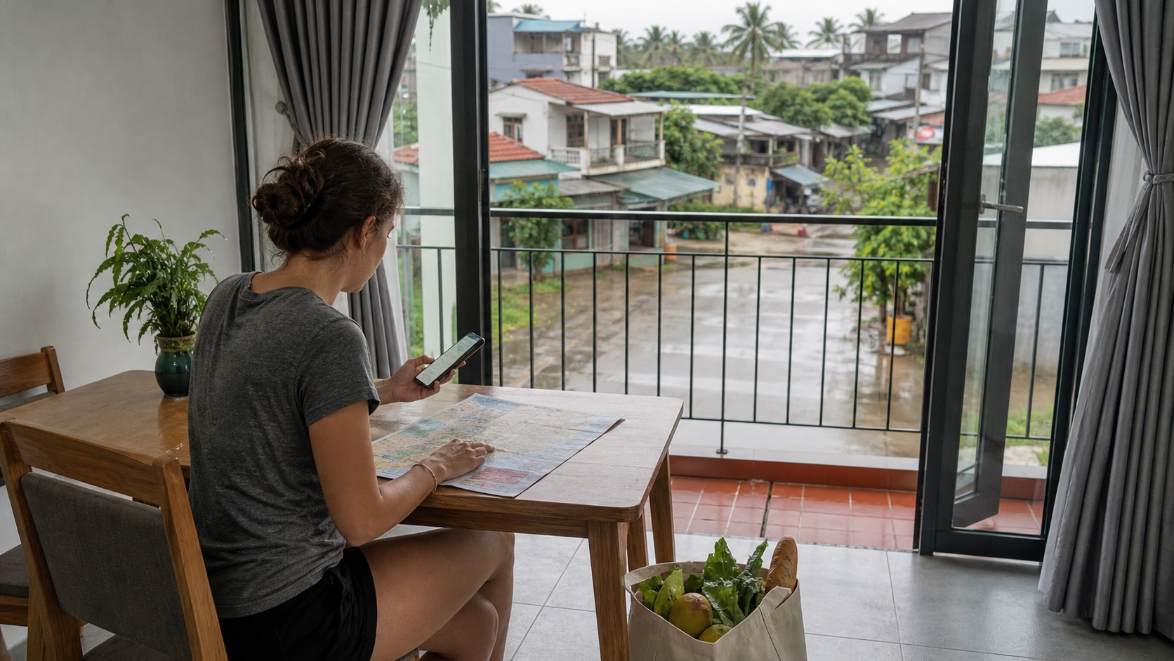 A renter checks a phone and map from an apartment table overlooking a rain-wet neighborhood street.