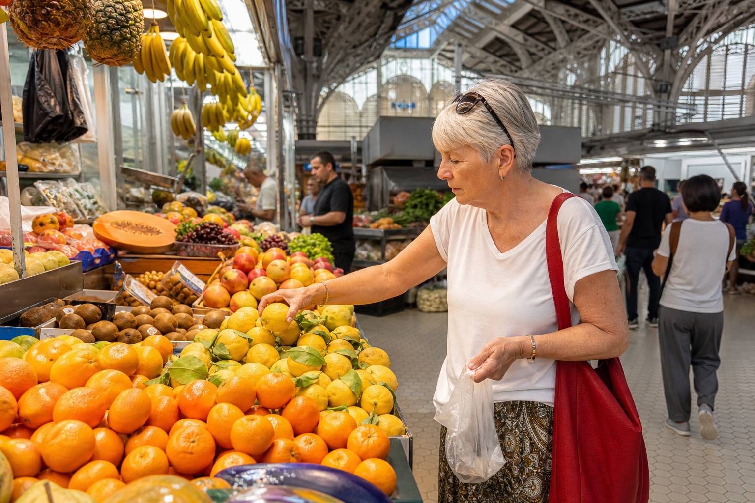 A traveler selects fresh fruit at a busy Valencia market beneath a glass-and-iron roof.