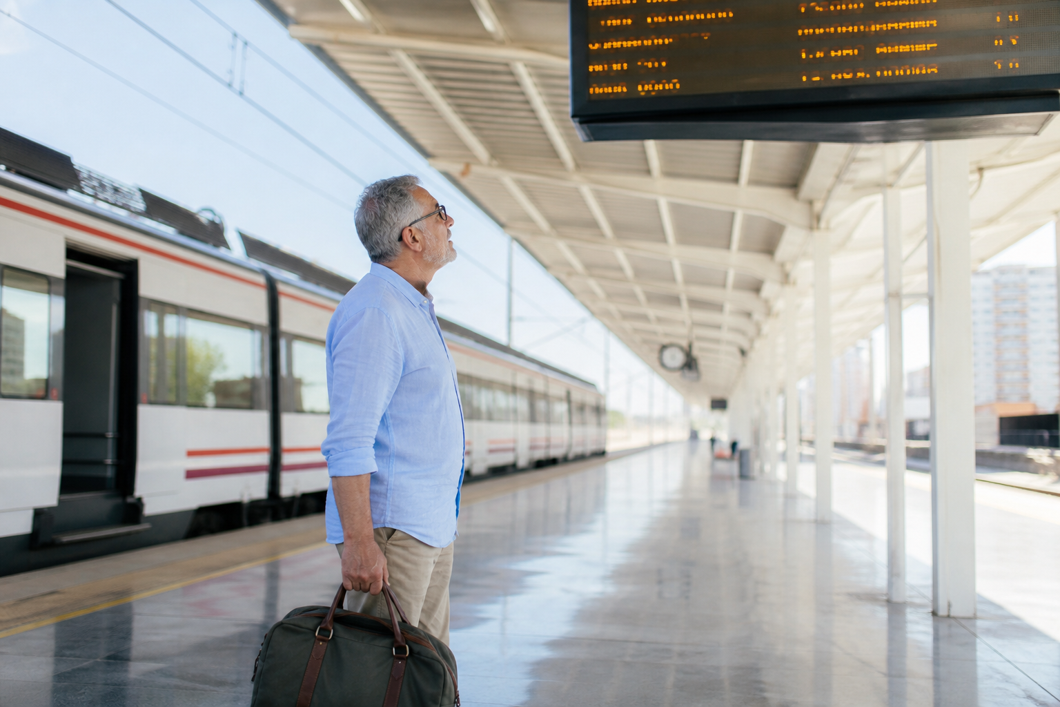 A traveler waits beside a train at a sunlit Valencia station while checking the departure board.