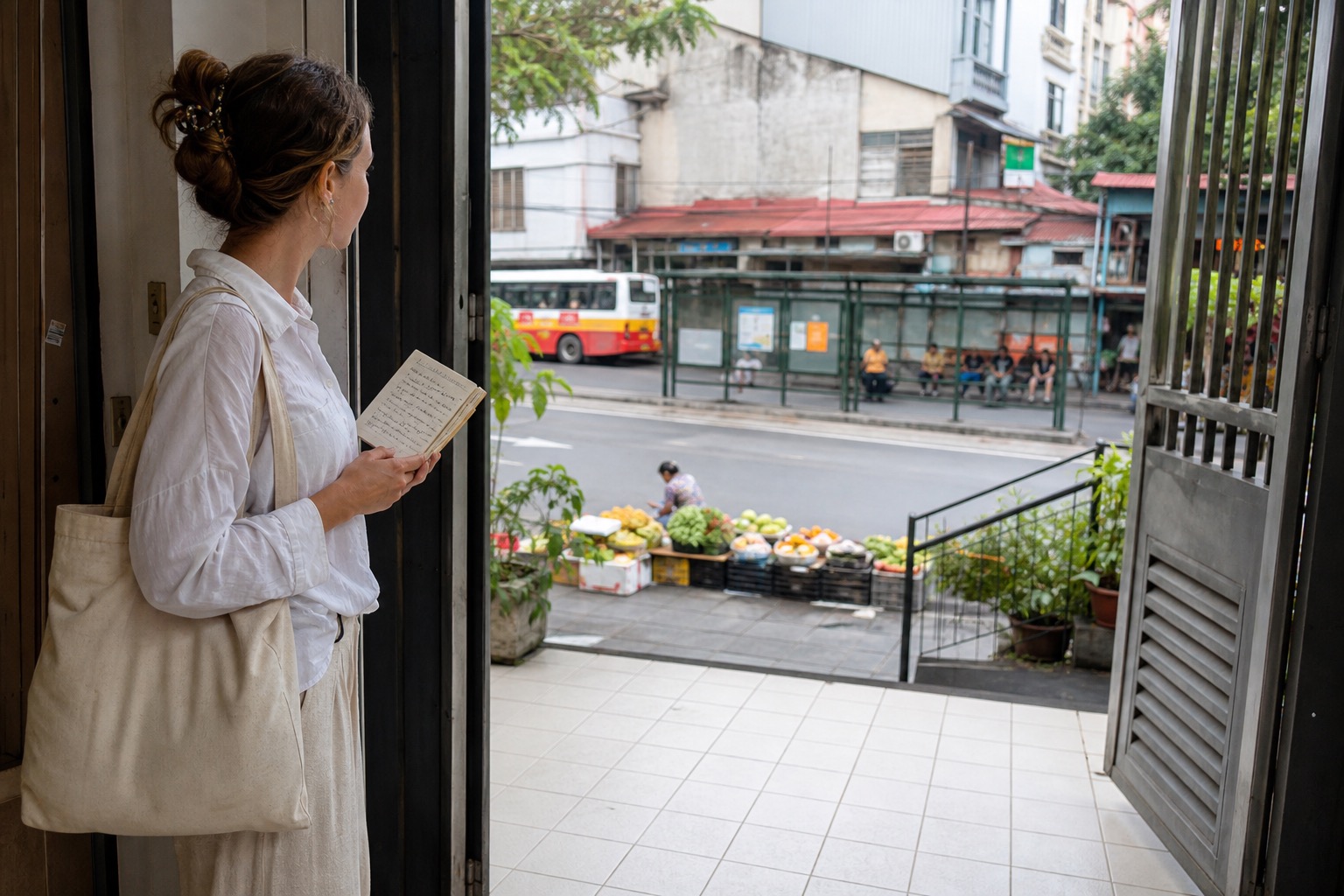 A traveler checks an everyday neighborhood route from a modest Vietnam apartment.