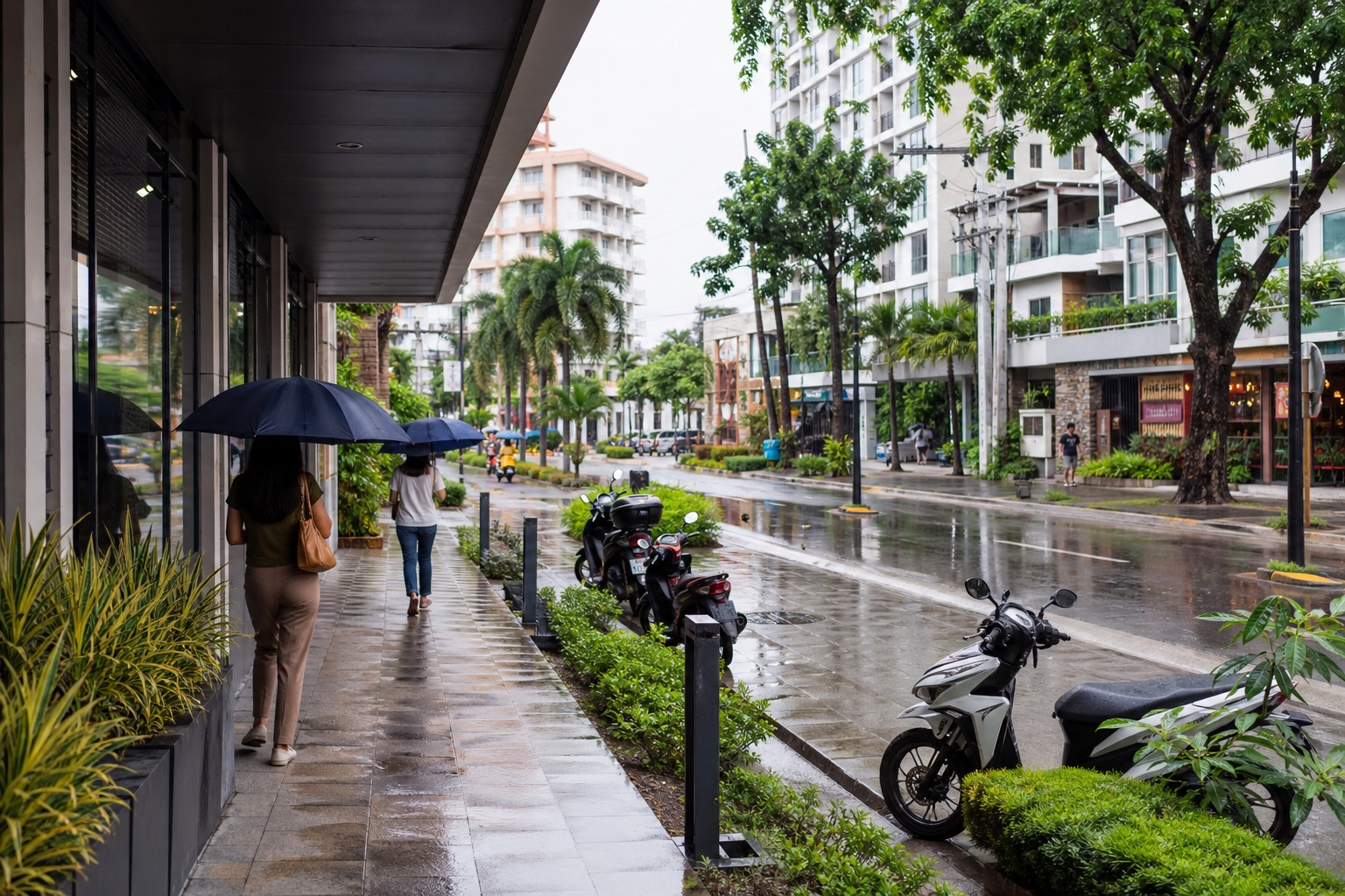 A rain-wet covered sidewalk in a modern tropical Philippines city neighborhood with pedestrians using umbrellas and parked scooters.