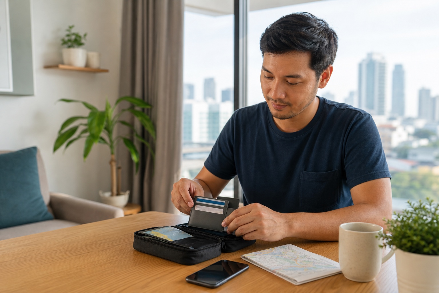 A traveler organizes a document pouch, phone, cards, and map in a bright Philippines apartment.