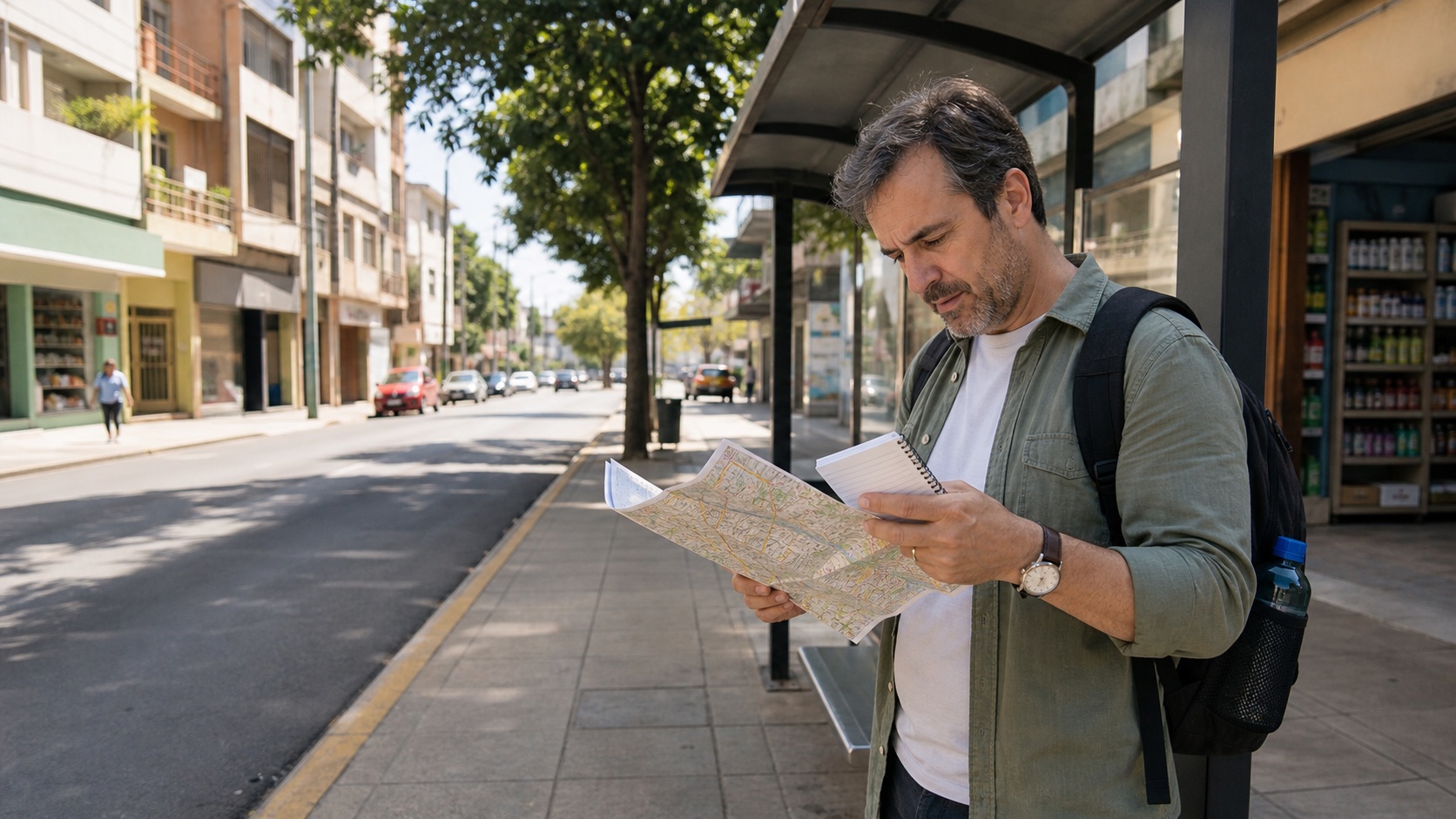 Traveler checks a street map and notebook beside a neighborhood bus stop.