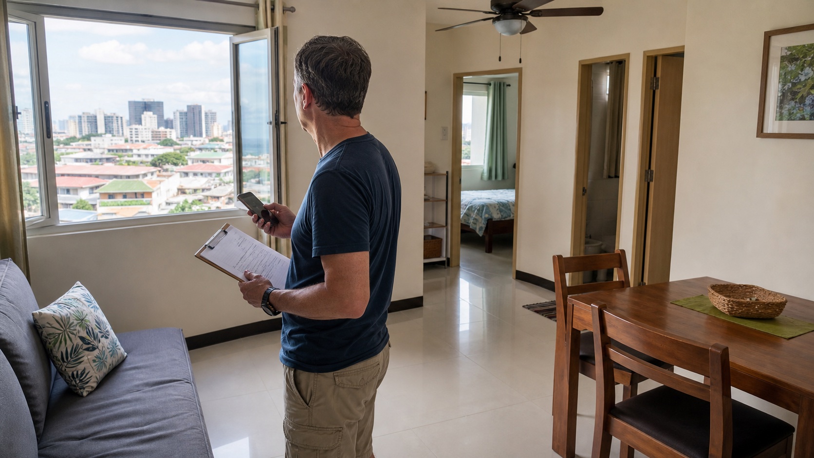 A traveler checks a bright, modest Cebu City apartment before a longer rental.
