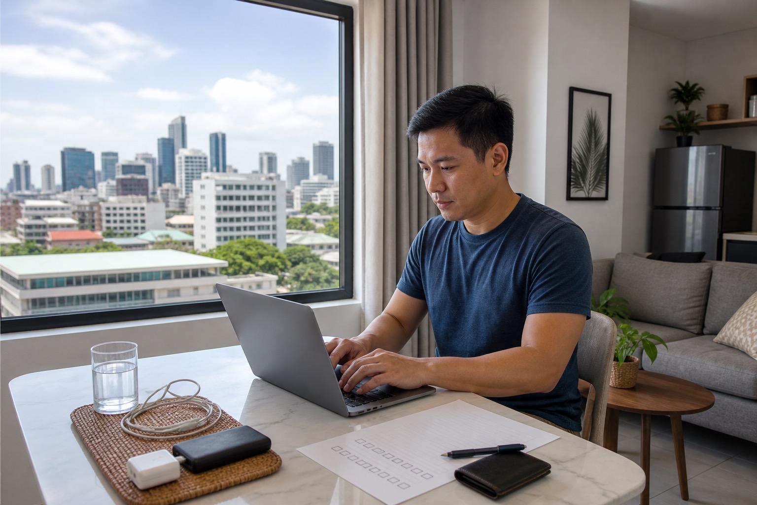 A traveler works at a bright Cebu City apartment table with a laptop, battery bank, and practical checklist.