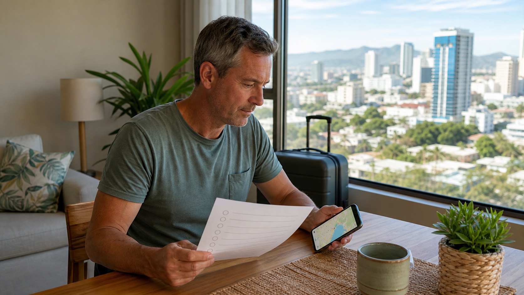 Traveler reviewing a city-choice checklist and a map in a bright Philippines apartment.