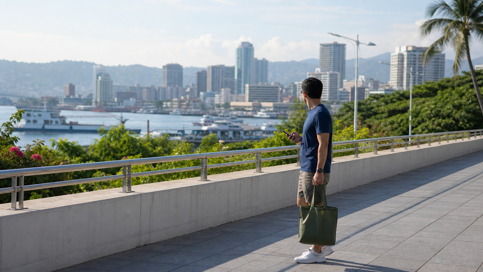 Editorial illustration of a traveler evaluating a Cebu waterfront city base for a longer Philippines stay.