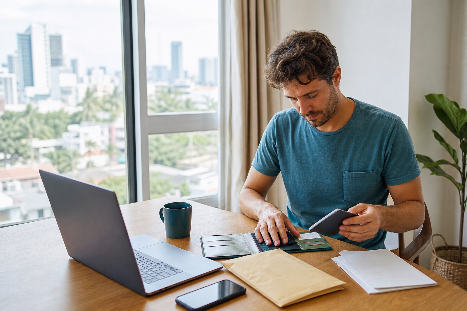 A traveler organizes a secure document pouch, phone, and paperwork in a bright Philippines apartment.