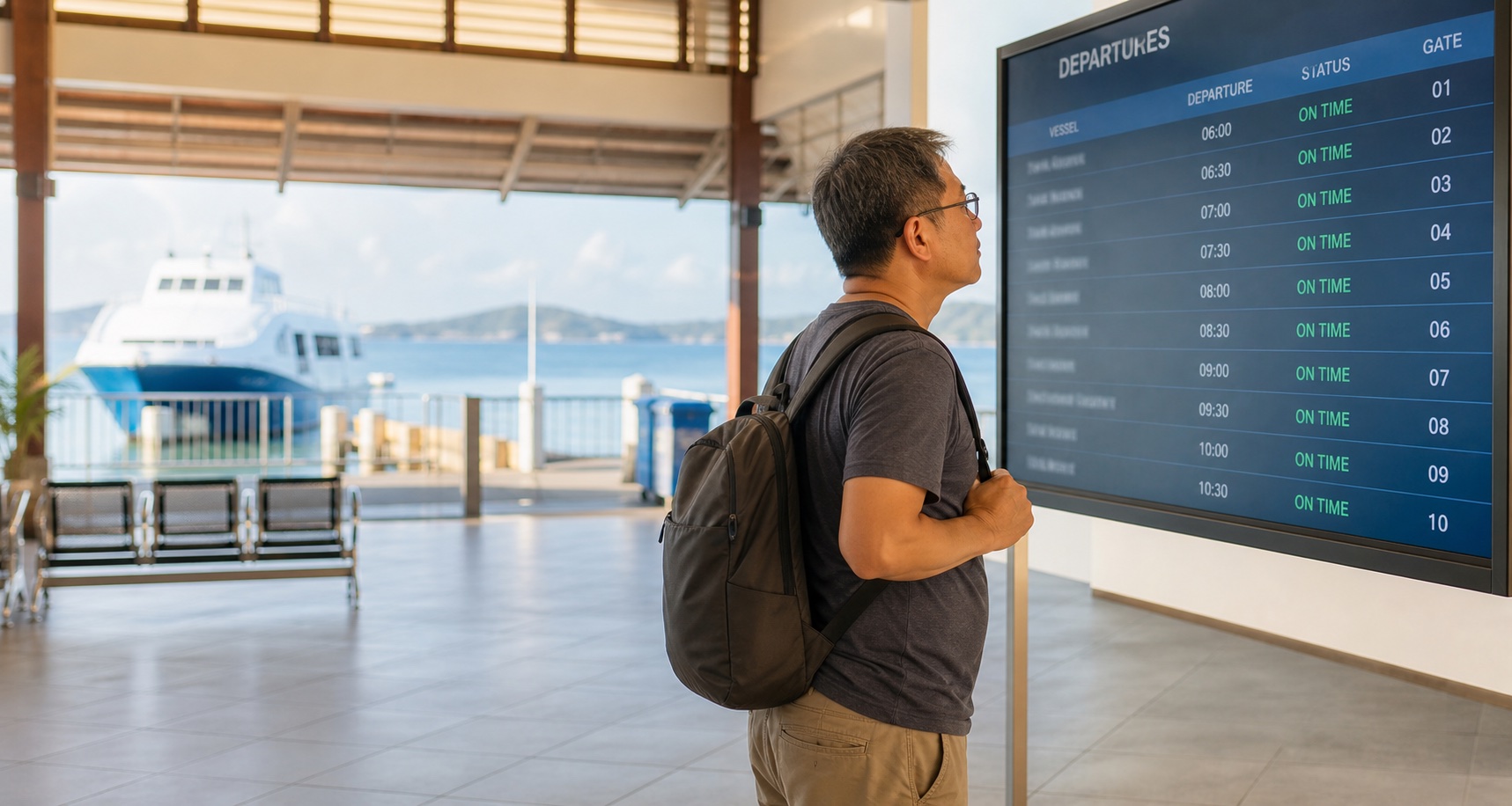 A traveler checks a ferry departure board at a bright Philippine terminal.