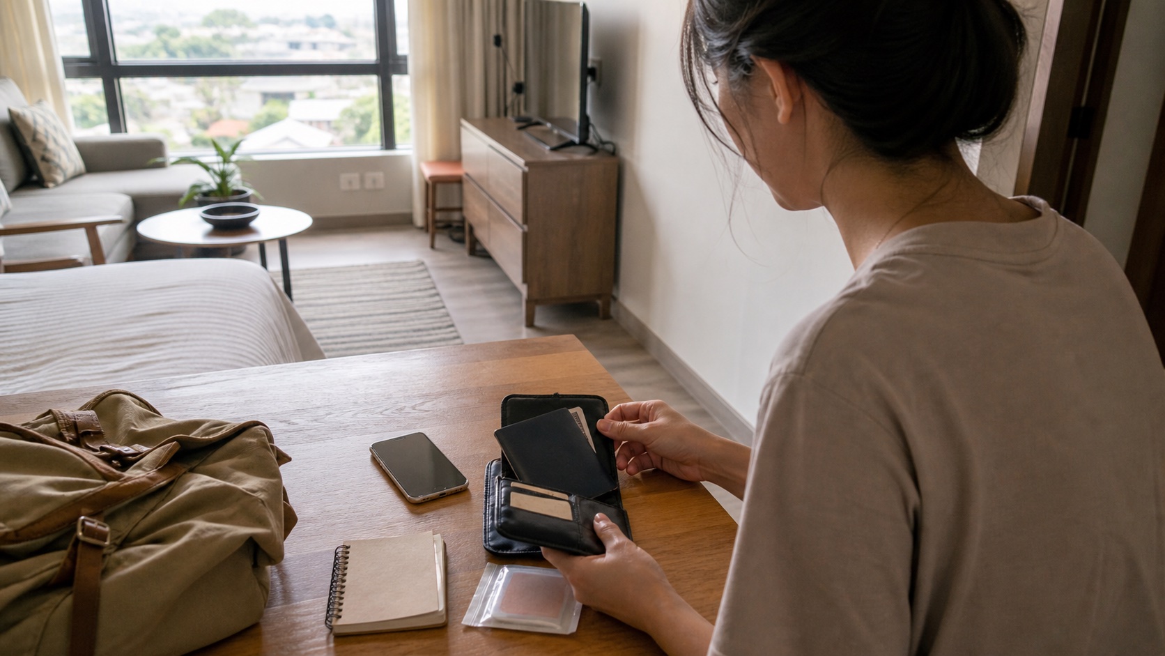 A traveler organizes a passport wallet and phone in a bright Philippine apartment.