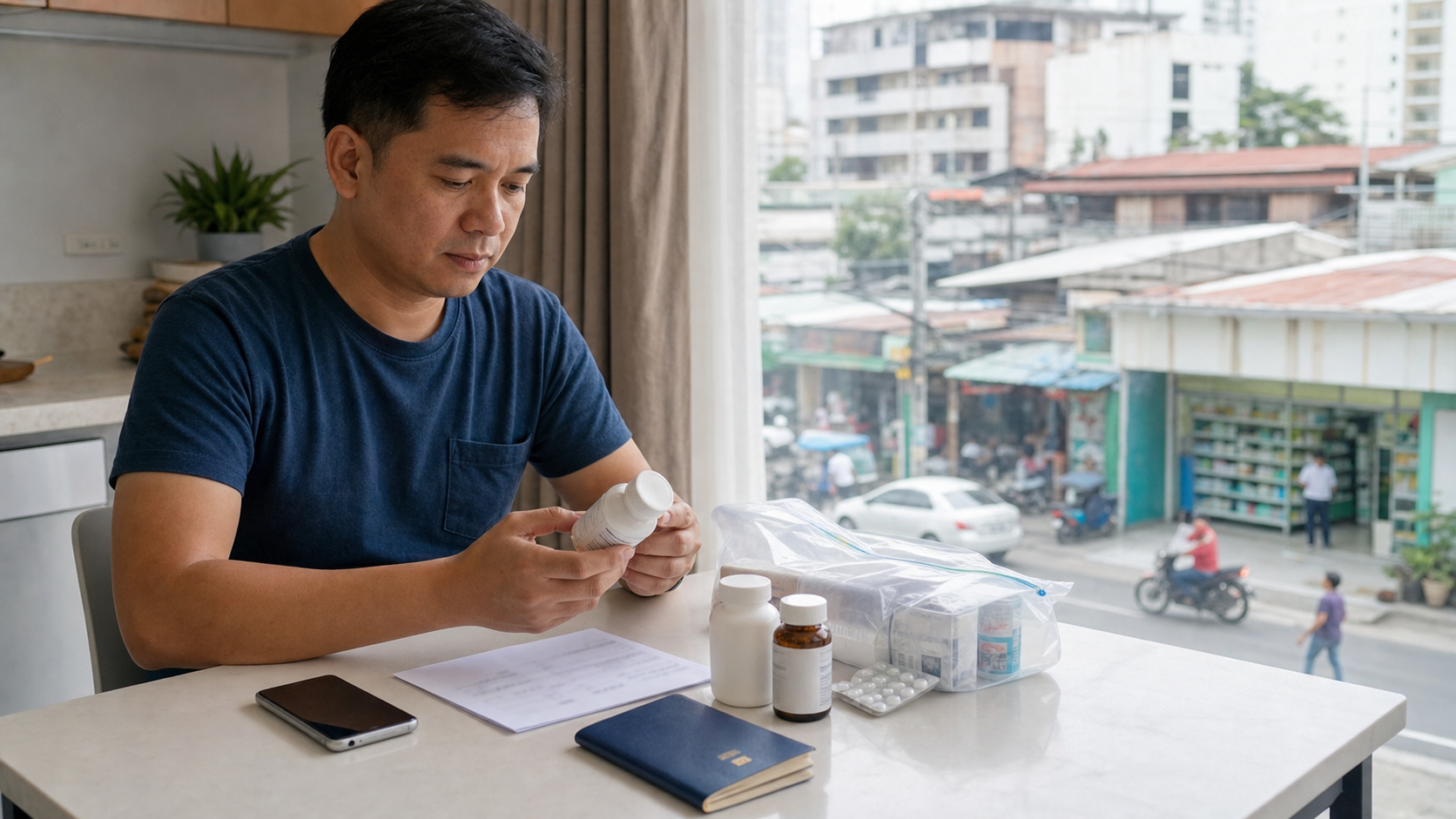 Illustrative traveler organizing original labeled medicines and documents in a Philippine city apartment.