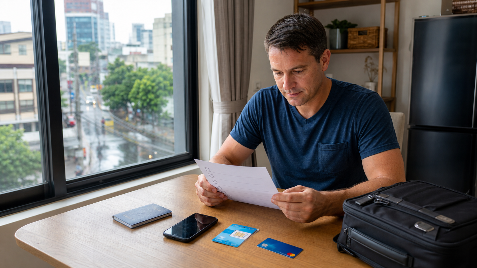 Illustrative traveler checking a Philippines long-stay arrival checklist in a city apartment.