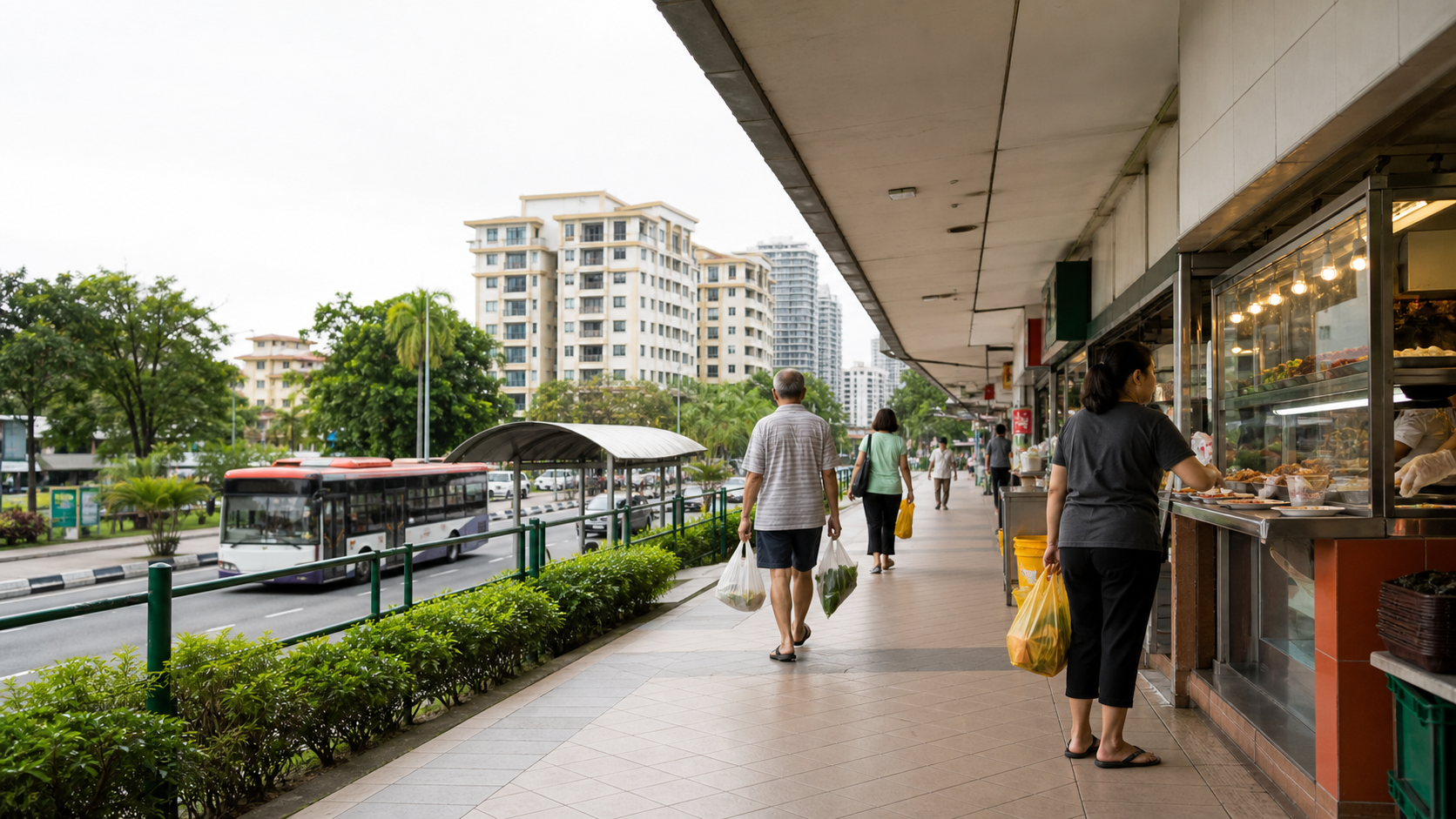 Illustrative covered Southeast Asian neighborhood walkway for a Philippines and Malaysia comparison.