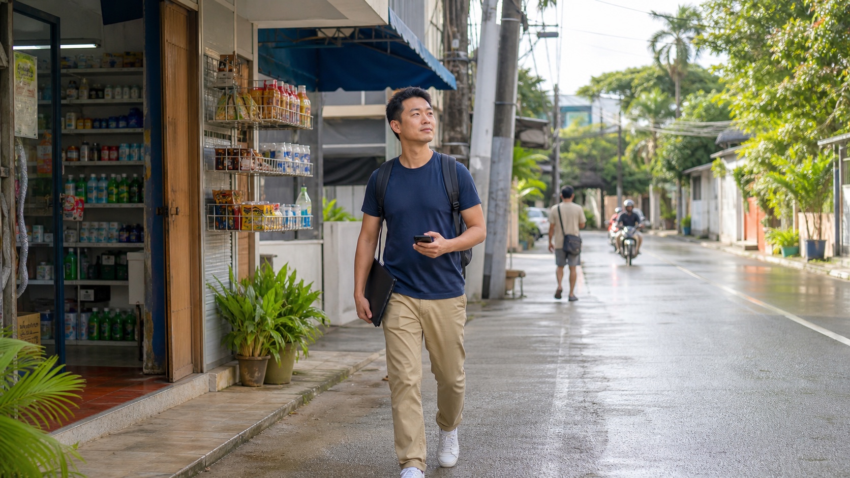 A traveler with a daypack walks beside a small neighborhood grocery on a bright tropical Cebu City street after light rain.