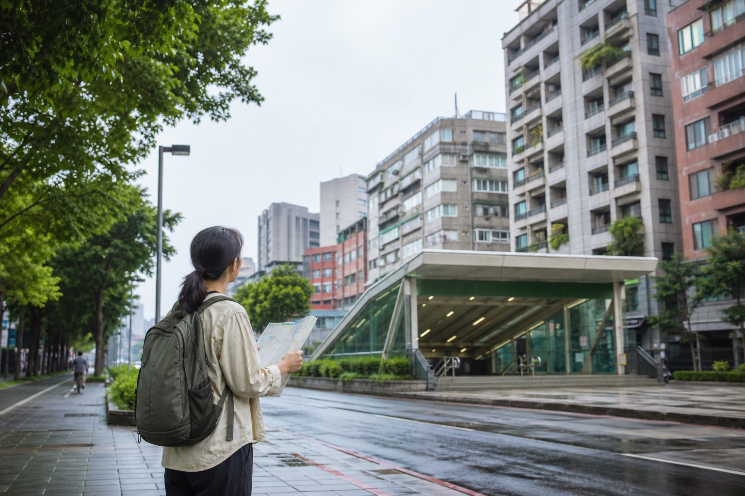 Traveler with a transit map beside a leafy Taipei MRT entrance after light rain.