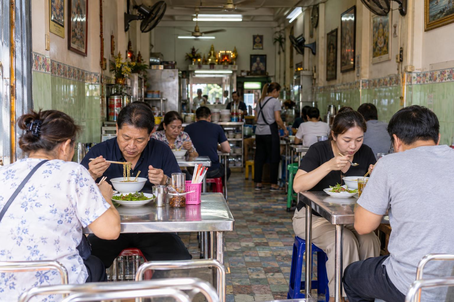 Local diners eat noodles and rice dishes at a modest Bangkok-style neighborhood lunch shop.