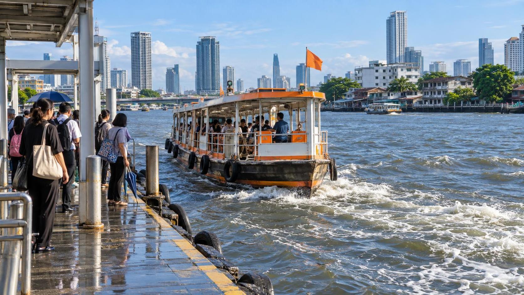 Illustration of passengers waiting at a Bangkok-style river pier as a passenger boat approaches.