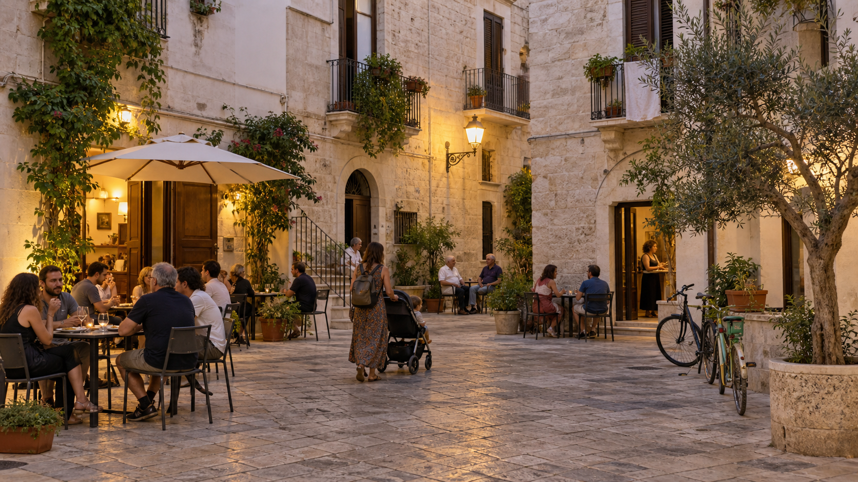 Residents relax at small café tables in a Bari Vecchia piazza on a weekday evening.