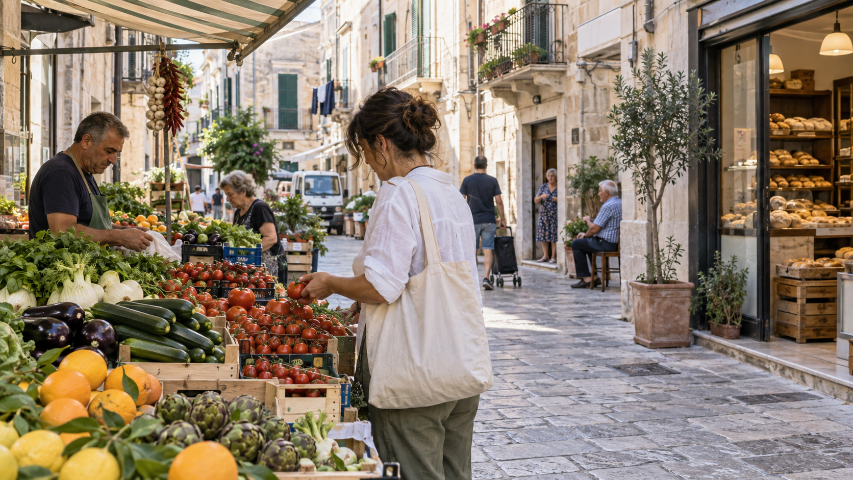 A shopper carries produce beside a neighborhood market and bakery in Bari, Italy.