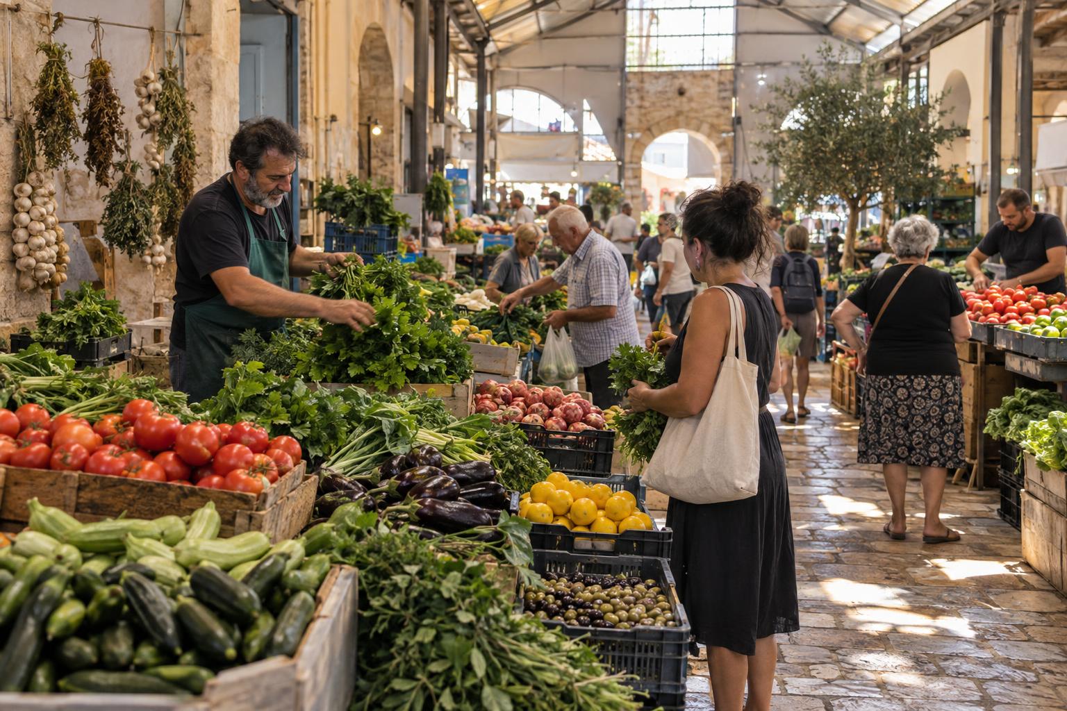 Shoppers buy fresh produce at a covered Chania market.