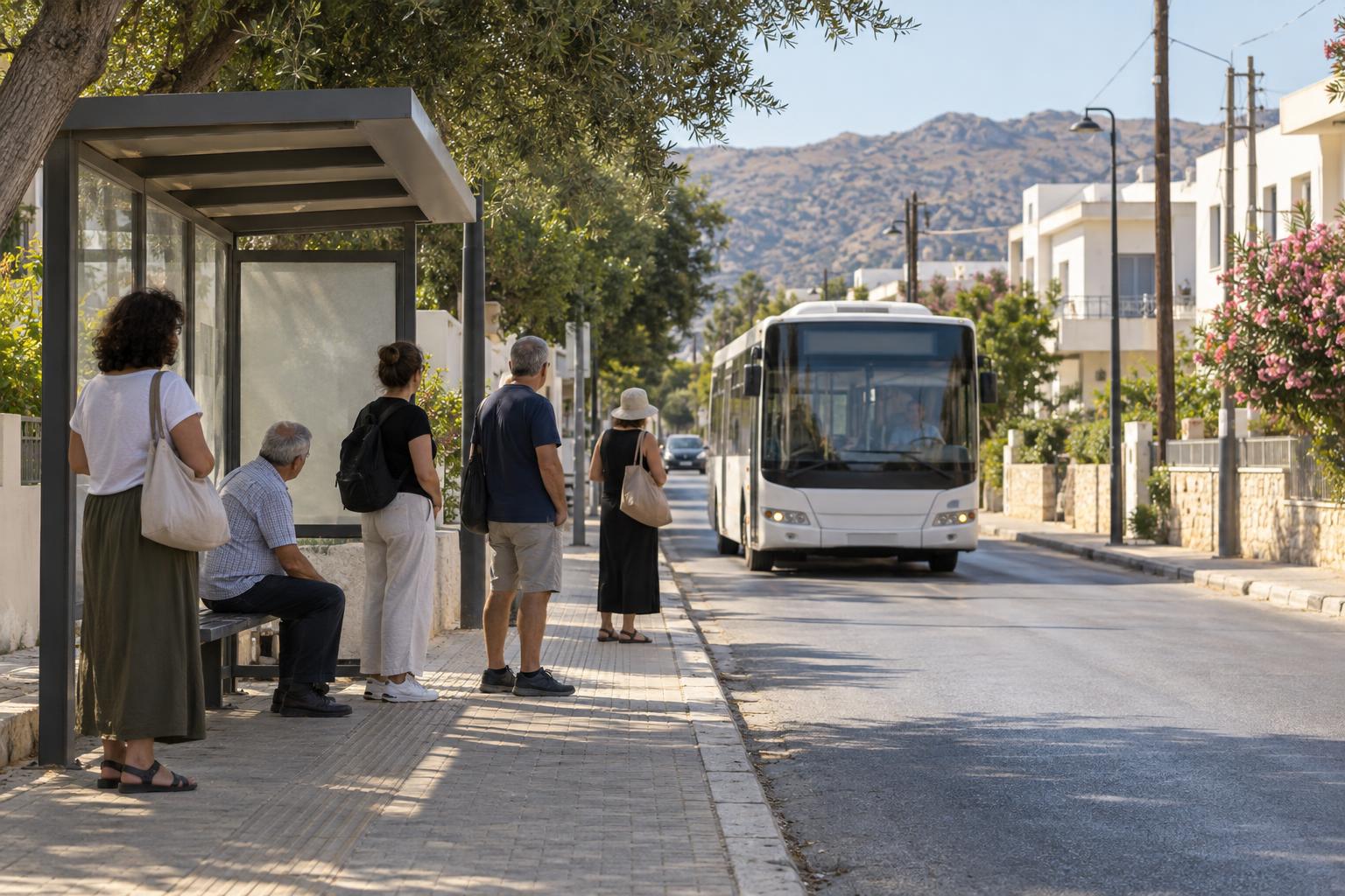 Adults wait at a neighborhood bus stop in Chania, Crete, as a local bus approaches.