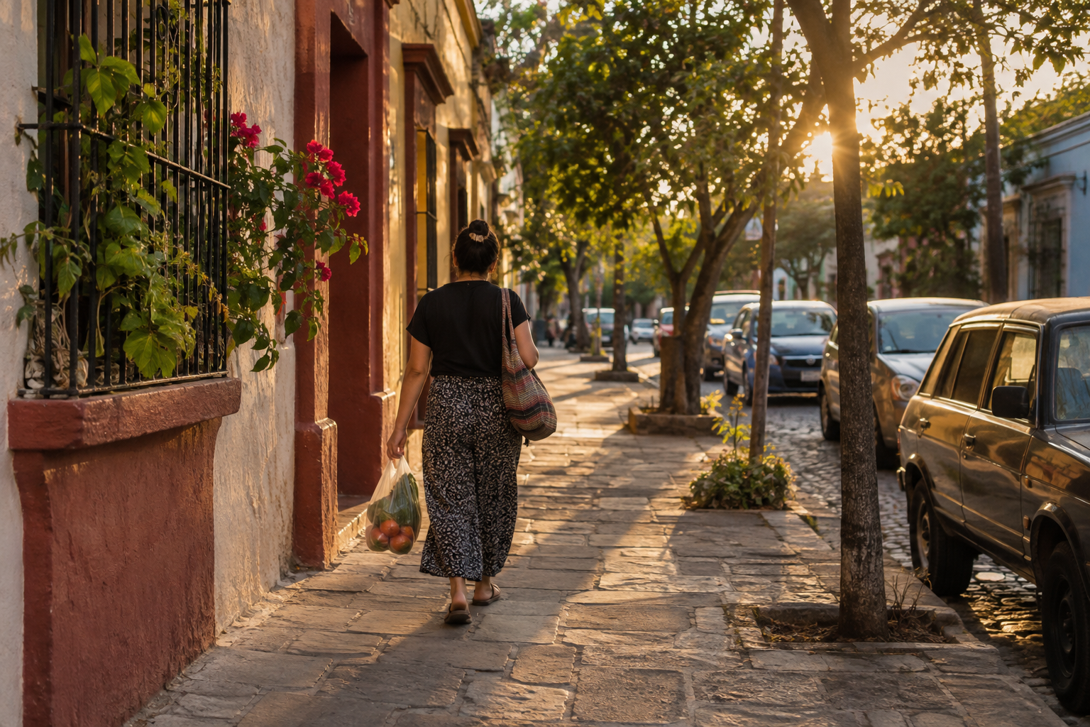 An evening Oaxaca City street scene on a practical route home.