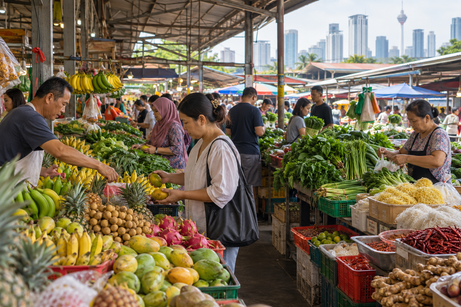 Shoppers buy fruit, vegetables, noodles, and spices at a Kuala Lumpur neighborhood market.