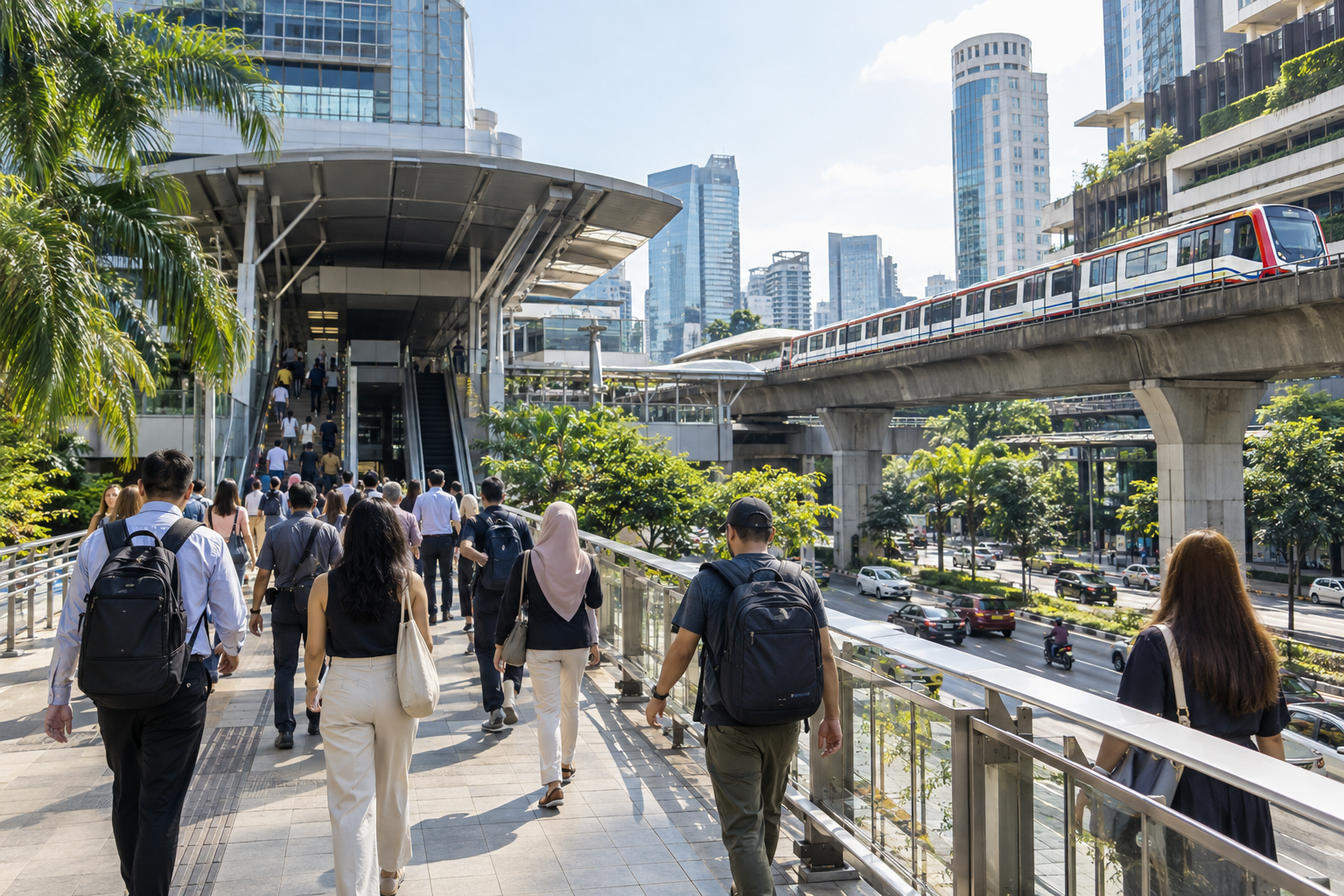 Commuters walk toward an elevated rail station in Kuala Lumpur on a bright weekday.