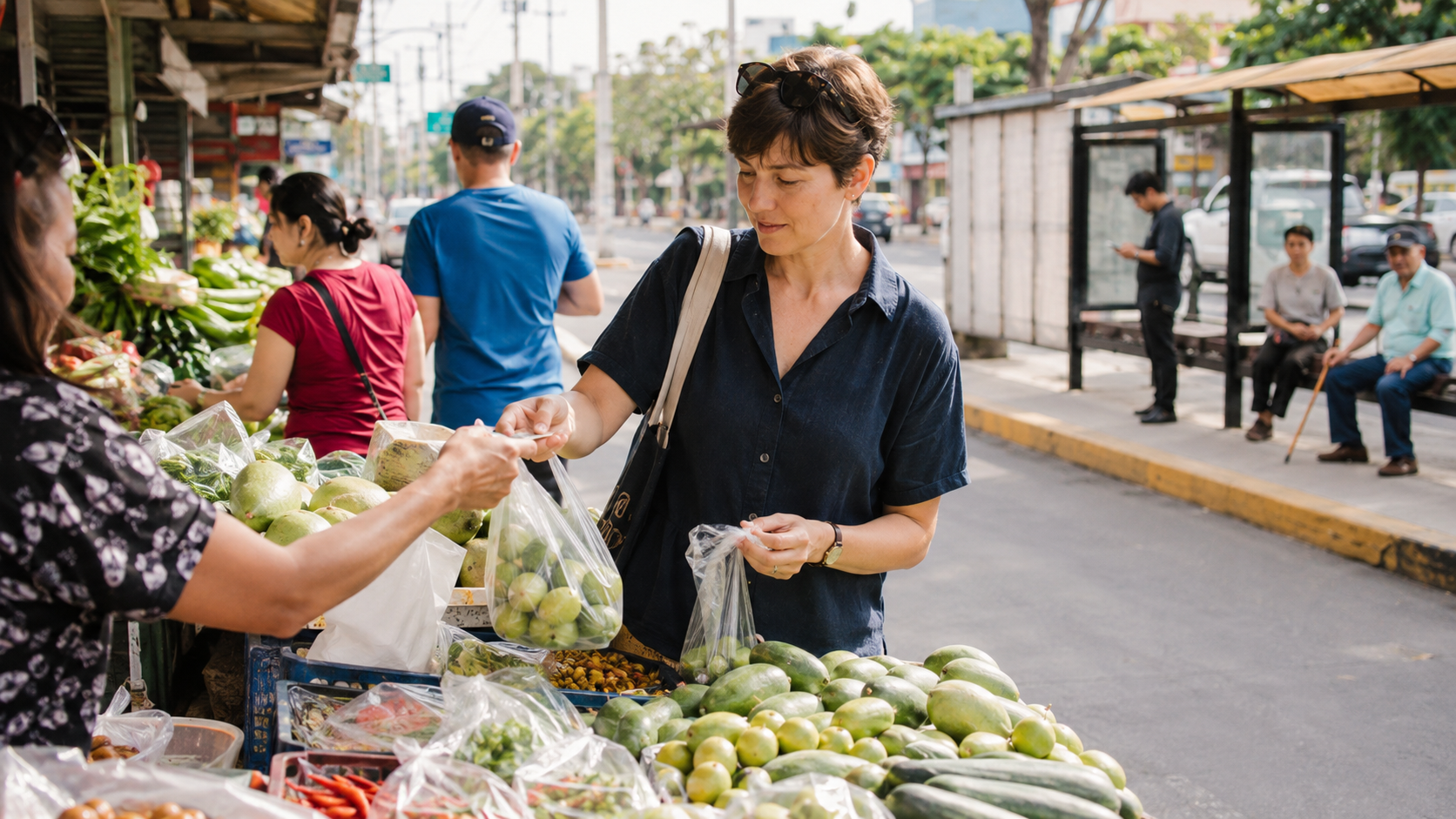 Traveler choosing produce at a neighborhood market near everyday services.
