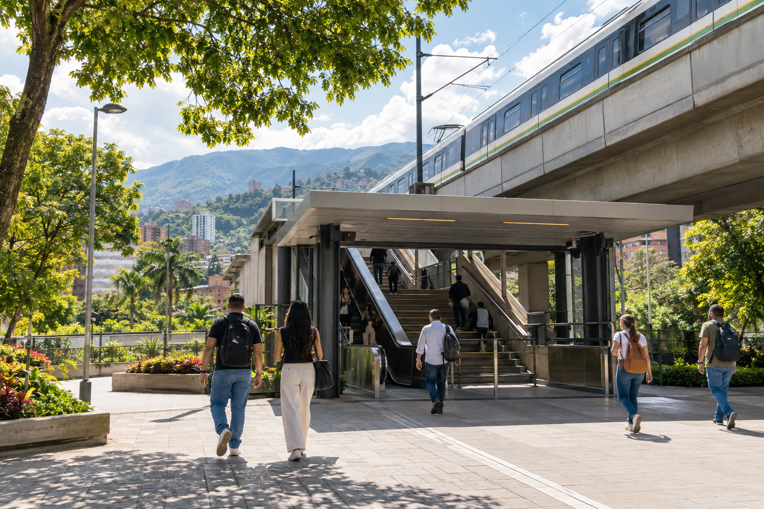 Commuters walk into an elevated urban transit station in a leafy Medellín neighborhood.