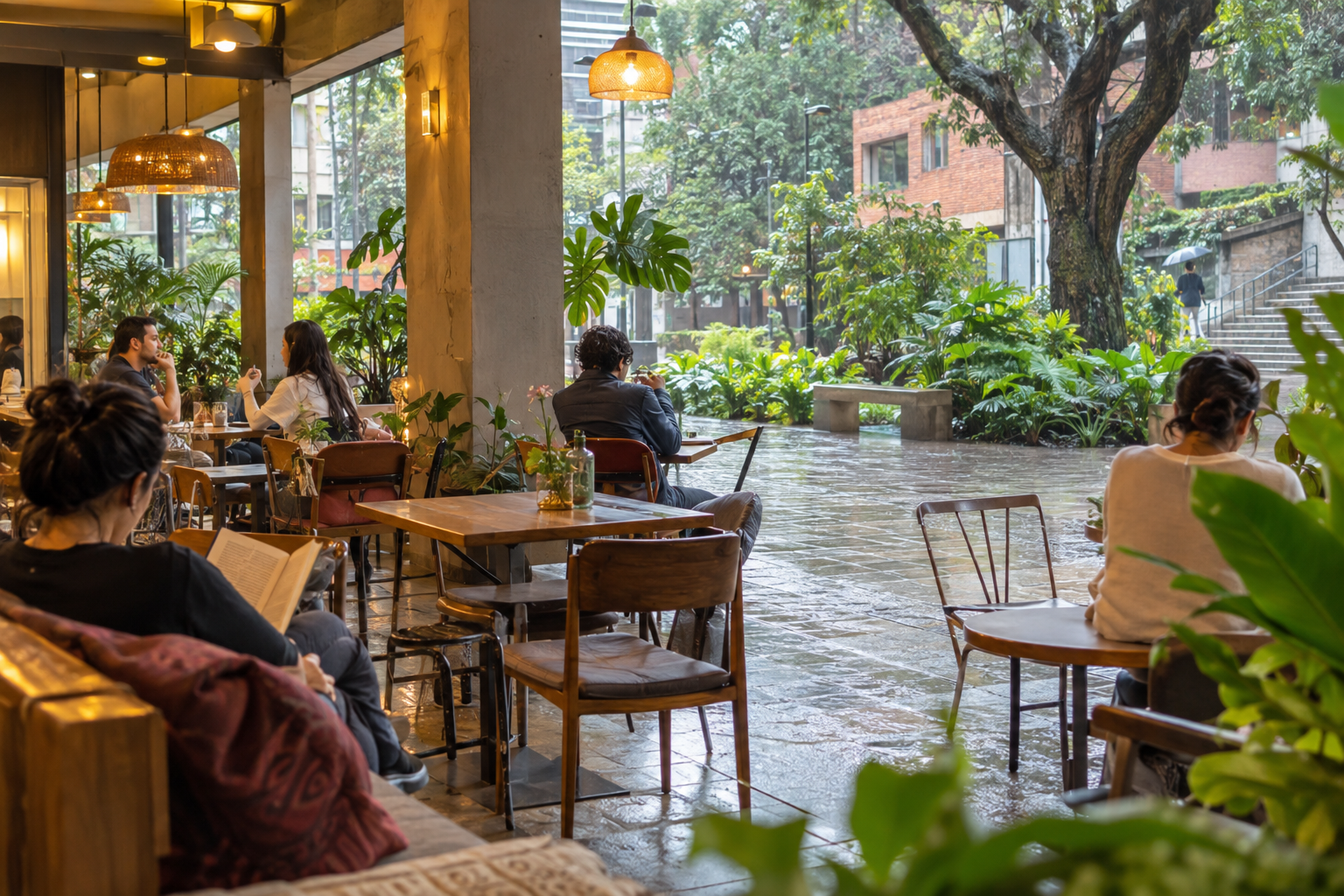Adults sit beneath cover at a leafy Medellín café terrace during light rain.