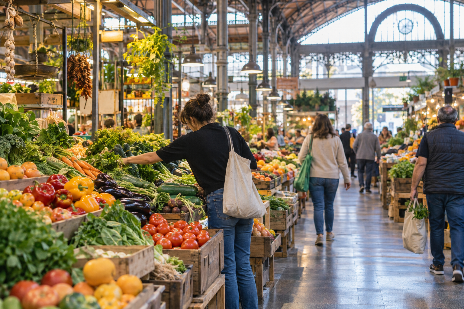 Shoppers select fresh produce inside a bright Montevideo market hall.